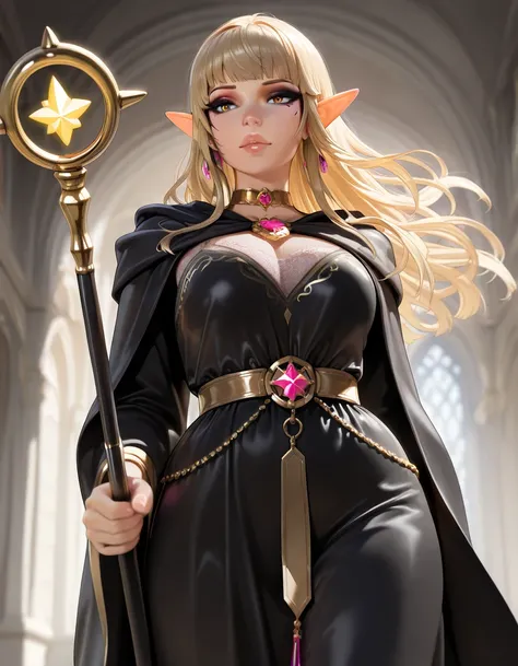 beautiful busty Asian elf wizard woman, extremely detailed face, beautiful eyes, beautiful lips, elegant intricate dress, flowing hair, ornate jewelry, magical staff, fantasy environment, glowing magical effects, dramatic lighting, cinematic composition, d...