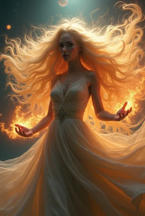 Make a blonde woman with huge hair very tall unleashing powers through her hands with universal eyes and with the background of the image being space she looks like an evil goddess crazy about power faca ela maior e com mais porder parcendo um ser do mal e...