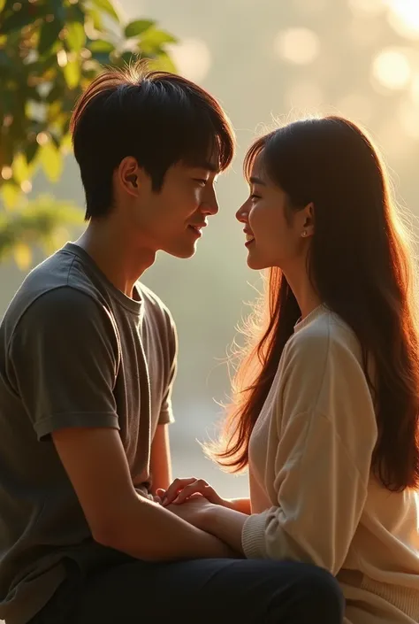 A young Korean man, 30 years old, tall 170, heavy 70, clearly visible in the face. In the picture, a young man is sitting facing a beautiful, long-haired young woman who is leaning against each other, with the young man trying to turn back to look at the y...