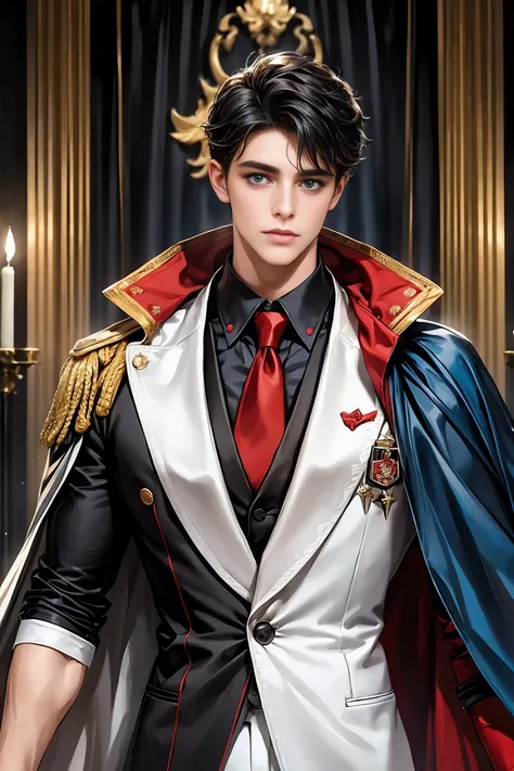 masterpiece, 最high quality, high quality, 1 boy, alone, Male focus, Upper Body,Watching the audience, Messy black hair, Adorable big blue eyes, White, Noble, Noble,A black and red cape that is bursting with sexy volume、Tuxedo、A very voluminous, large, very...