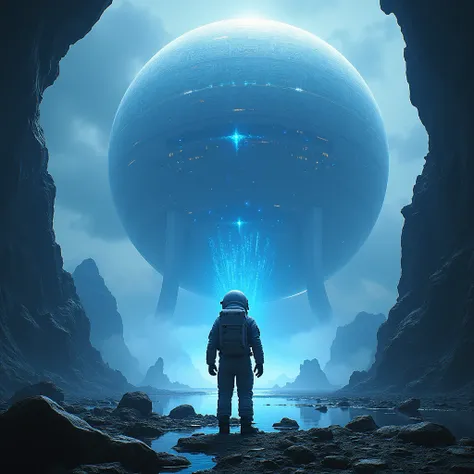 ((high quality)), ((masterpiece)), ((high)y detailed)), an astronaut looking at a huge giant alien building, advanced technology, energy radiating, blue light energy coming out, 8k, 4k, UHD, high resolution