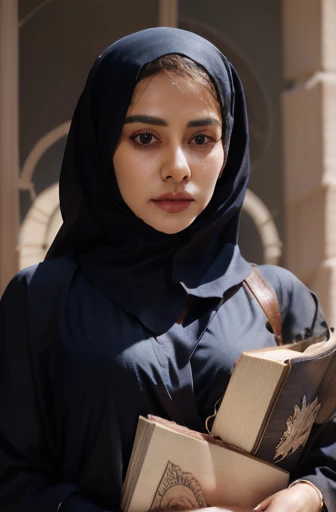 Cyberpunk Arabian style，Arab Luxury Womens Educational Academy，Luxurious décor，Fabric decoration，Literary decorations， Educational campus，Books，Pens，Three beautiful Arab youngg studets，Wearing the uniform of a modern Arab students，Covered with an Arabian b...