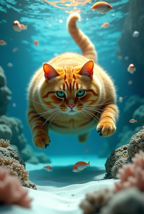 3D digital light art show, A fat and very big orange cat dives swimming chasing fish in front of him. his eyes focus on the fish in front of him, all the way to the bottom of the white sandy coral reef. the cat looks very close, clear detail, visible air b...