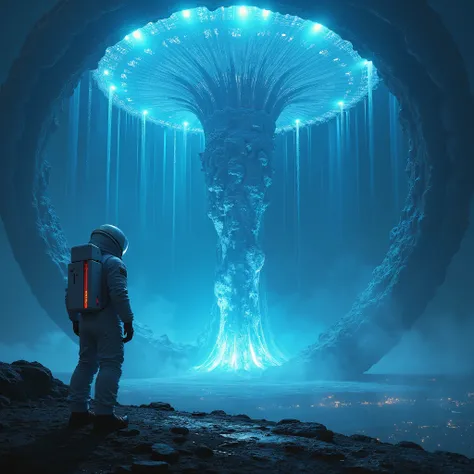 ((high quality)), ((masterpiece)), ((high)y detailed)), an astronaut looking at a huge giant alien building, advanced technology, energy radiating, blue light energy coming out, 8k, 4k, UHD, high resolution