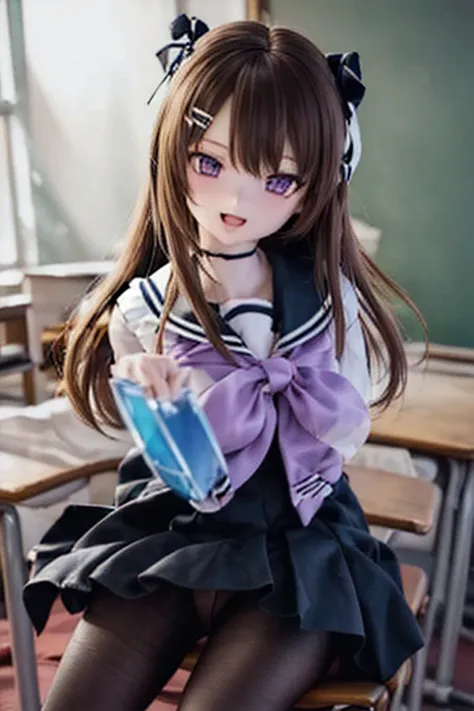 (SFW:2), photorealistic, realistic photo, 8k, Canon EOS, ((highest quality)), ((masterpiece)), (extremely detailed), dd, doll, idol dress, (mature woman, 21yo, 21 years old, solo, classroom:1.6), (from front, sitting on desk, brown hair, long hair, hair cl...