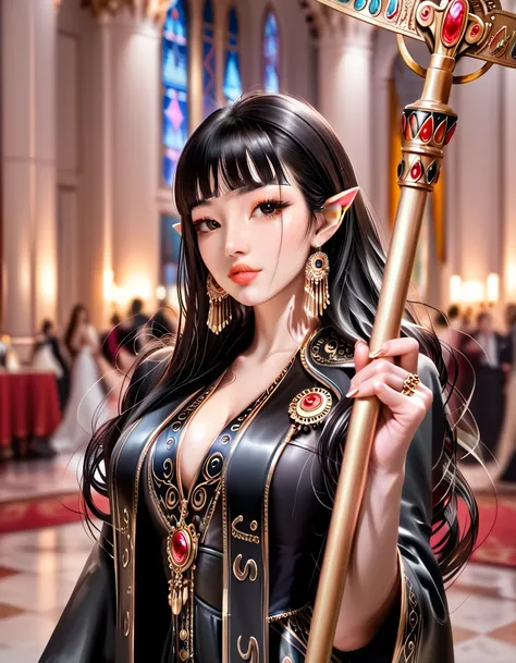 beautiful busty Asian elf wizard woman, extremely detailed face, beautiful eyes, beautiful lips, elegant intricate dress, flowing hair, ornate jewelry, magical staff, fantasy environment, glowing magical effects, dramatic lighting, cinematic composition, d...