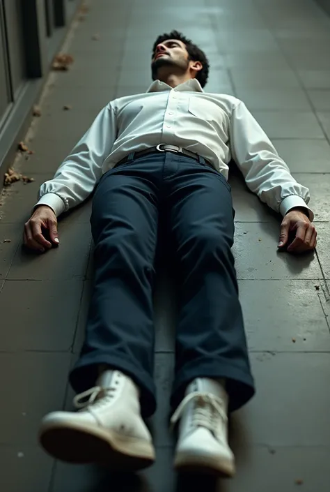  ultra realistic style，A man in a European and American school uniform is lying on the ground，Wearing dark colored pants，Light-colored shirt， white sneakers 