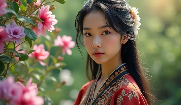 Beautiful Mongolian girl. Wearing a Mongolian deel. Standing among flowers.