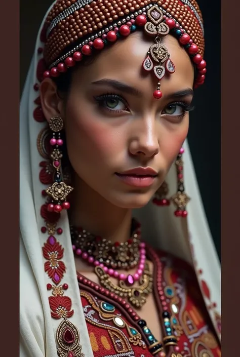  very beautiful girl , dressed in bright ,  earrings traditional attire .  She wears a ,  beads that accurately frame her face ,  decorated with red and pink stones . } Makeup highlights her expressive green eyes and accentuates her lips with a gentle gree...