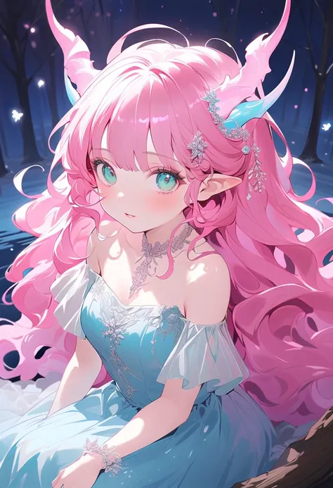 This character is a woman with a magical and graceful aura, her lips are pink, her facial expression is cold, she looks beautiful and mature. She has long, bright, shiny pink hair, unique sky blue horns resembling dragon horns on her head. Her leaf green e...