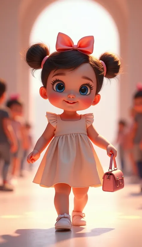 An ultra-realistic scene of a chubby baby girl confidently strutting as if on a runway. She is dressed in an adorable, pastel-colored dress that fits her round, charming frame. She carries a small, stylish handbag in one hand and wears a vibrant bow in her...