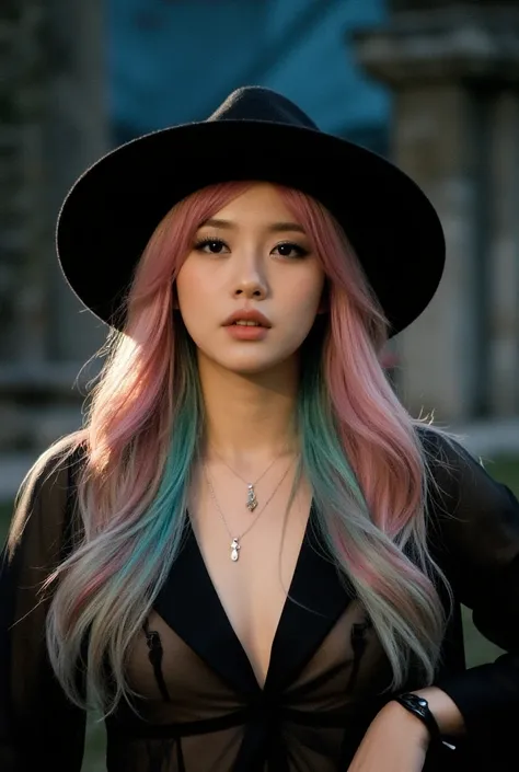 low angle, portrays a woman with long spreads hair, honey skin, sleek gold pink, blue and green hair spreads, styled in soft, natural waves that frame her face. She exudes a sultry yet elegant allure, open wool hat, wear loose see through girl magician cos...