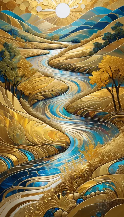 Masterpiece, best quality, high resolution, best composition, vibrant abstract landscape, gold tones, gold leaf art, vibrant abstract landscape, river flowing through hilly area, rolling hills, various trees and grasses, sun, blue sky and clouds, brilliant...