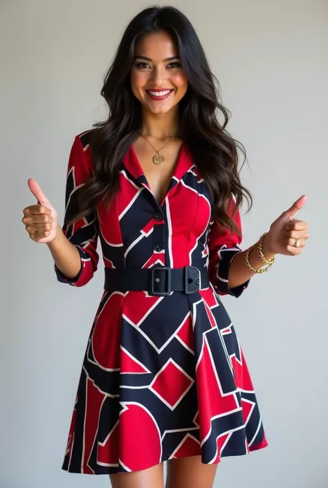 A British gorgeous preety Girl Selana Gomez with smile, wearing knee-length A-line dress with bold geometric patterns in red, navy blue, black, and white that accentuates her figure , featuring a V-neckline, three-quarter sleeves, and button detailing, and...