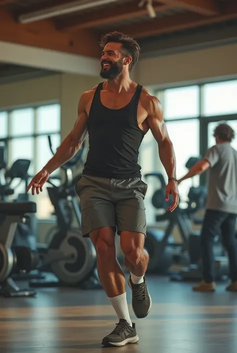 Man in the gym dancing happily