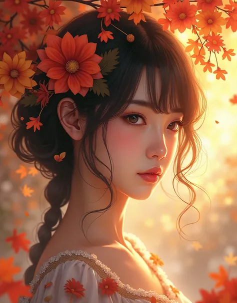 a woman with flowers in her hair, stunning anime face portrait, beautiful autumn spirit, beautiful anime portrait, beautiful detailed background, beautiful fantasy art portrait, beautiful wallpaper, beautiful fantasy portrait, beautiful iphone wallpaper, b...