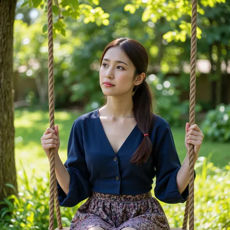A serene young woman seated on a wooden swing in a lush, green outdoor setting. She is dressed in traditional attire, featuring a deep blue blouse and patterned skirt. The swing ropes frame her figure as she looks thoughtfully into the distance, with soft ...