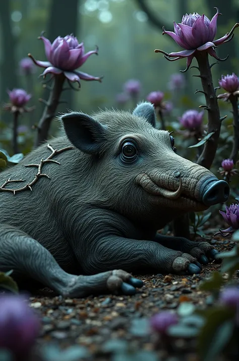 The boar consumed by the eerie mutated flowering plants