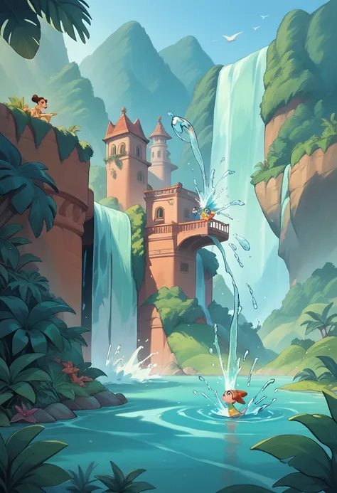 Large splash, water splashing, waterfall, oasis, (disney style), landscape, no people