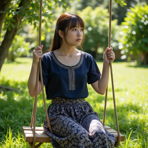 A serene young woman seated on a wooden swing in a lush, green outdoor setting. She is dressed in traditional attire, featuring a deep blue blouse and patterned skirt. The swing ropes frame her figure as she looks thoughtfully into the distance, with soft ...