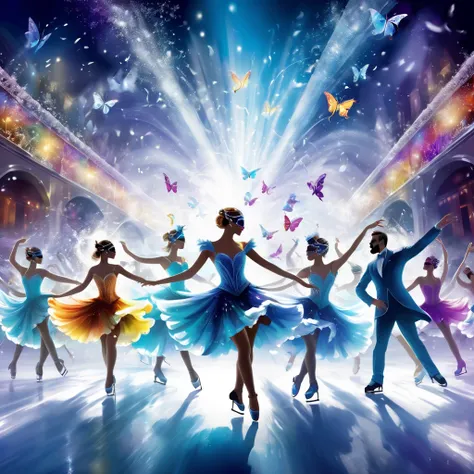 (effect of Musical staves and notes appear flowing on the screen, Lively and colorful music staves and notes flowing). Ice show, skating rink, Wear it Figure Skating Shoes. A dynamic pose, dancing on ice, A masquerade on ice, gentlemen and ladies, Gentleme...