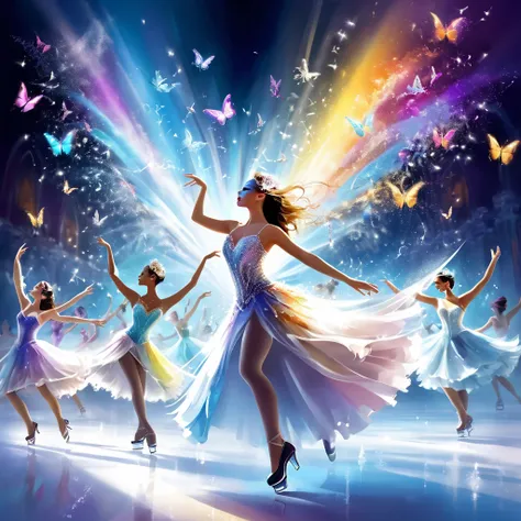 (effect of Musical staves and notes appear flowing on the screen, Lively and colorful music staves and notes flowing). Ice show, skating rink, Wear it Figure Skating Shoes. A dynamic pose, dancing on ice, A masquerade on ice, gentlemen and ladies, Gentleme...