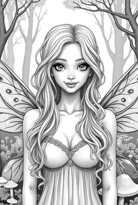 COLORING BOOK STYLE, BLACK AND WHITE AND CLEAR LINES, high quality, detailed, beautiful fairy, long blonde hair, smiling, detailed face, detailed eyes, detailed lips, sparkling wings, magical forest background, fantasy, digital art, concept art, photoreali...