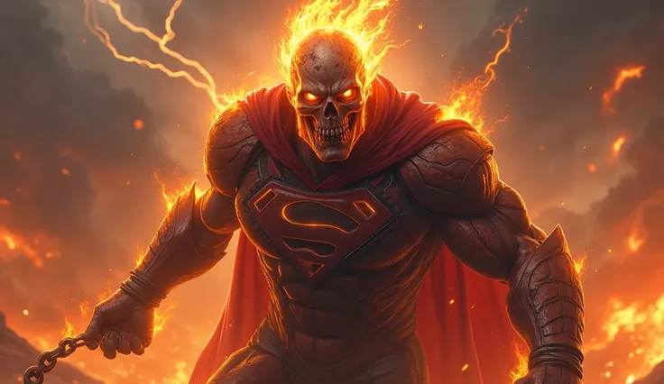 "A hybrid character that combines the features of a fiery skeletal rider engulfed in flames (inspired by Ghost Rider) and a powerful superhero with a muscular physique and glowing red eyes (inspired by Superman). The entity has a skeletal, flaming face, gl...