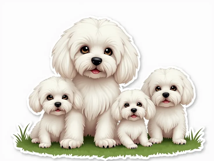 A sticker cover page with a white color Maltese dog and three Shih Tzu dogs. The Maltese dog is larger than the other dogs and has long, flowing white hair. The Shih Tzu dogs have short, curly white hair. size ratio 16:9 also add some more elements like gr...