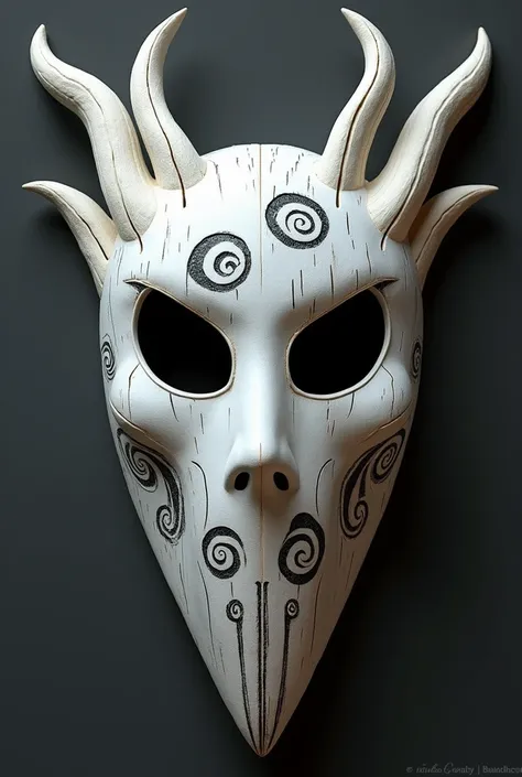 The mask is white. It features two large hollow eyes and black swirls at the bottom. The top has horn-like projections, and the texture is wooden, which is made from an aspen tree.