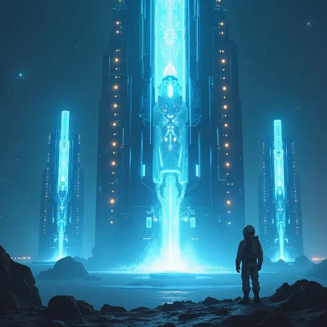 ((high quality)), ((masterpiece)), ((high)y detailed)), an astronaut looking at giant alien base , energy radiating, blue light energy coming out, 8k, 4k, UHD, high resolution