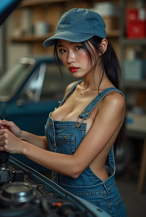 
Prompt : A young, beautiful Asian woman with large breast, a radiant complexion, wearing a denim overall, no underwear, and matching denim cap. She is in a garage, fixing a car with tools in hand, her focused expression highlighting her dedication. Sweat ...