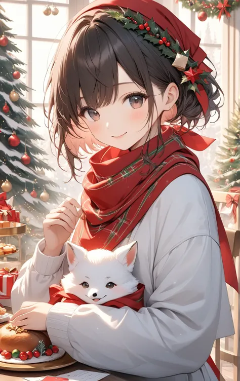   masterpiece :1.2， top quality，      high definition    ，8ｋ，  christmas illustration，Christmas food  ，   white baby fox ，   Letter with a small red bandana wrapped around the neck  、cute,  Priest ,     Details，  professional photo shooter that makes you l...