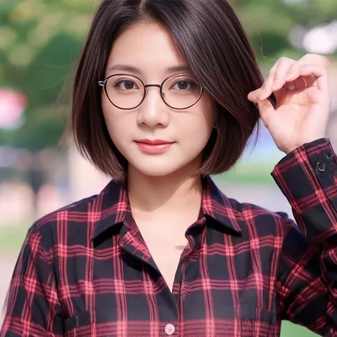 1girl, age 18 years, short Hair, Black Hair, a red checked shirt, Breasts, wear glasses, Full body, Blush, park background ,camera spotlight from a distance