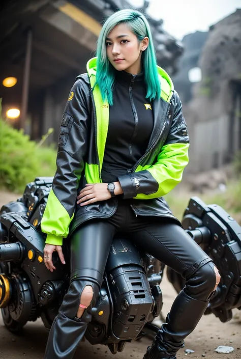 a beautiful young thai woman green long hair Wear a black-green armor coat of the future. full body . sits on a highly detailed mechanical robot mecha , futuristic technology. on the ground. The is highly detailed ,The upper body and arms of the figure are...