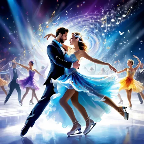 (effect of Musical staves and notes appear flowing on the screen, Lively and colorful music staves and notes flowing). Ice show, skating rink, Wear it Figure Skating Shoes. A dynamic pose, dancing on ice, A masquerade on ice, gentlemen and ladies, Gentleme...