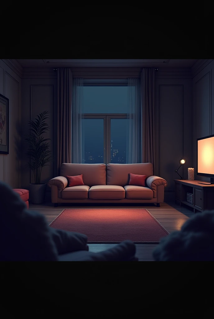 A large empty  ( room to accommodate several people)  sofa in the middle of a cozy ,  is dark around and the TV light is dim in front of the sofa. Without a lamp or other lighting. In the style of the Romance Club game