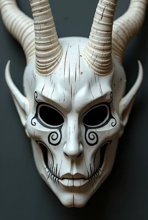 The mask is white. It features two large hollow eyes and black swirls on the cheeks. The top has two horn-like projections that point upward, and the texture is wooden. Spikes on the sides look like fur. Has no mouth or nose.