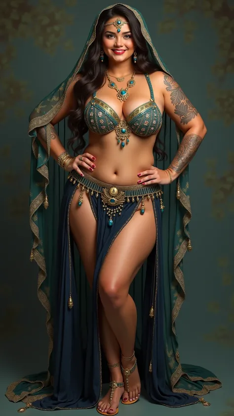 photorealistic full body photo of (plus size:1.2) belly dancer, brunette girl,(art by Alphonse Mucha:1.2),(), (elegant pose:1.5),(hands on hips:1.5),(little smiling:1.2) ,(realistic tanned skin:1.5),high quality,(muscular body:1.5),(heavy tattooed body:1.5...