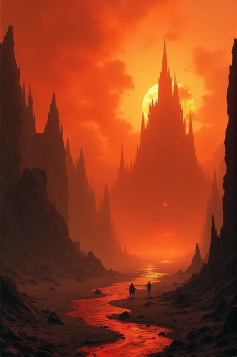 Paysage infernal dans les couleurs orangé rouge. Des plages diaboliques, des cités en ruines. Tout le paysage doit représenter lenfer, la mélancolie et la souffrance