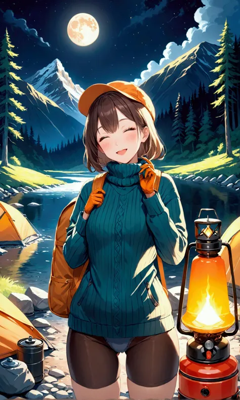 1 woman((selfie from crotch angled towards face (panty shot), happy)), masterpiece, best quality, ultra-detailed, solo, outdoors, (night), mountains, nature, (stars, moon) cheerful, happy, backpack, sleeping bag, camping stove, water bottle, mountain boots...