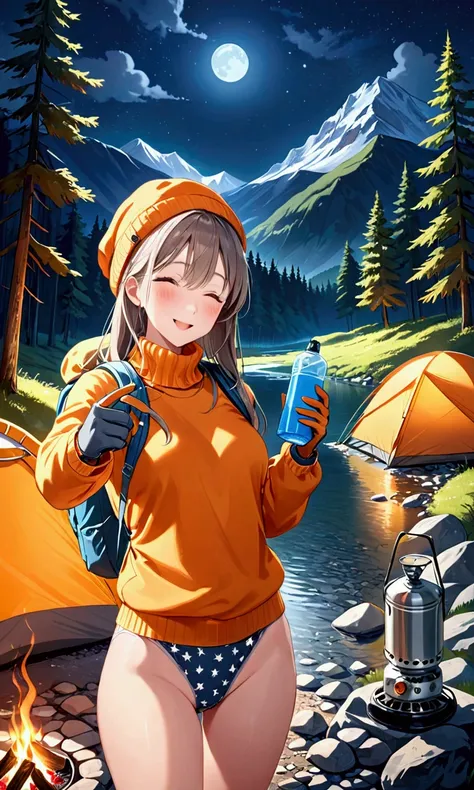 1 woman((selfie from crotch angled towards face (panty shot), happy)), masterpiece, best quality, ultra-detailed, solo, outdoors, (night), mountains, nature, (stars, moon) cheerful, happy, backpack, sleeping bag, camping stove, water bottle, mountain boots...