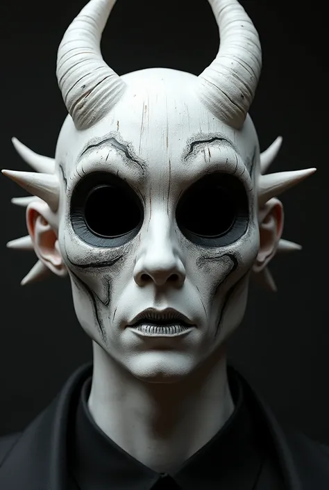 The mask is entirely white. It has two huge empty eyes and dark swirls around the cheekbones. The top has two horn-like protrusion pointing upwards, and the texture is wooden. The spikes on the sides look like fur. Does not have a mouth or nose.