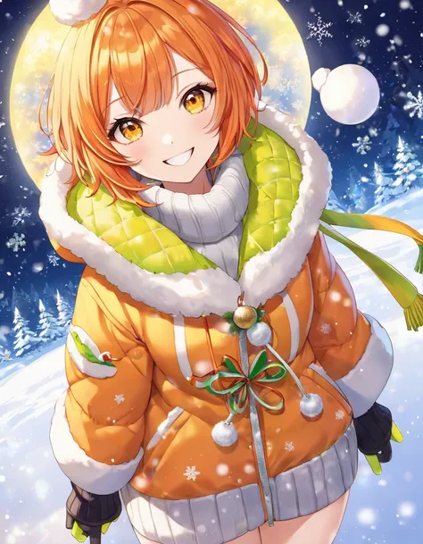  cool adult woman ,  short orange hair and neon yellow eyes、Winter clothes、 christmas background 、  above thigh、 natural smile 