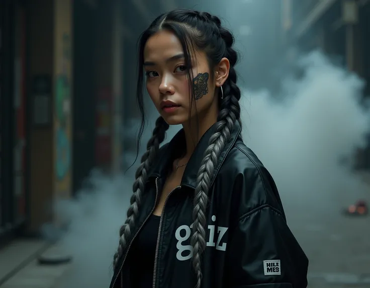 a beautiful Indonesian woman, tomboyish style, wearing a black jacket, with the words "GEN.Z", with a cold gaze, and a dragon tattoo on her cheek, long black and gray hair, in standing braids, dark background and thick white smoke.wide views