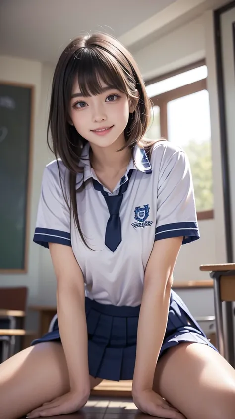 ((( top quality))), ((masterpiece)), ( Details), ((solo)), (((((18-year-old high school girl wearing large-sized school uniform))))), ((Slender body)), (((Legs visible through skirt))), (( white skin)), Mysterious Light, ((((Angle of view that includes fac...