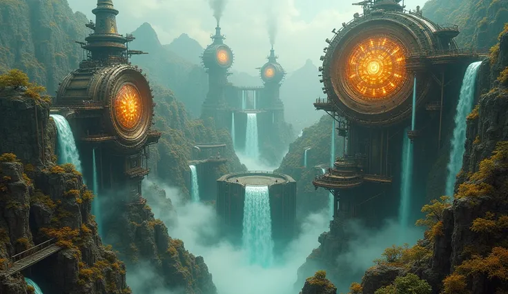 A Steampunk Fantasy landscape with Steam-Powered Waterfalls as the focal point, incorporating elements of Fractal Terrain Generation and Clockwork Anatomy, illuminated by Turquoise and Bronze lighting. Style raw.