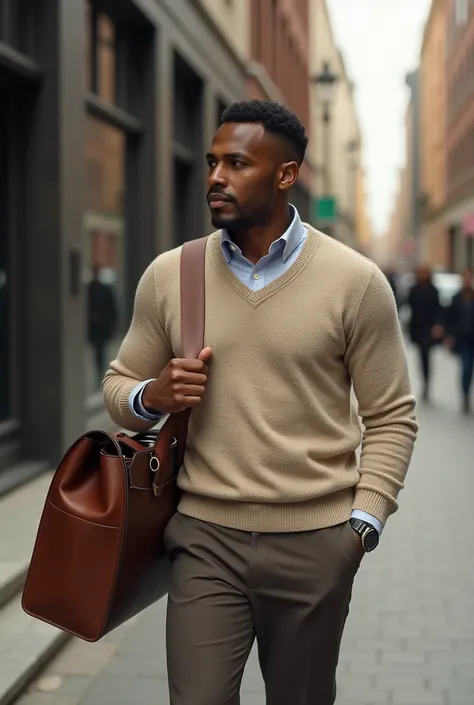 Look pour le bureau porté par un homme tres élégant de teint chocolat 
Un pull en coton léger beige sur un pantalon à pinces en laine de préférence dans des tons discrets. 
