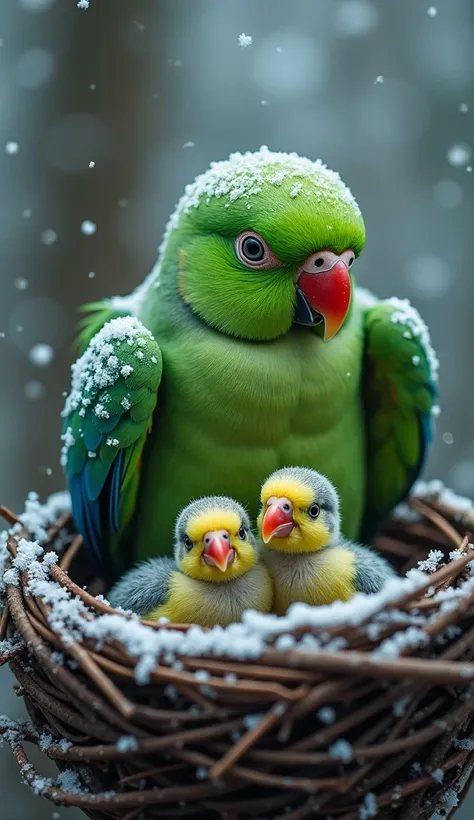 A mother green parrot sitting in a nest made of twigs, her vibrant feathers covered in frost and snowflakes. She spreads her wings wide to shield three tiny chicks nestled beneath her, their small beaks peeking out for warmth. The icy wind blows through a ...