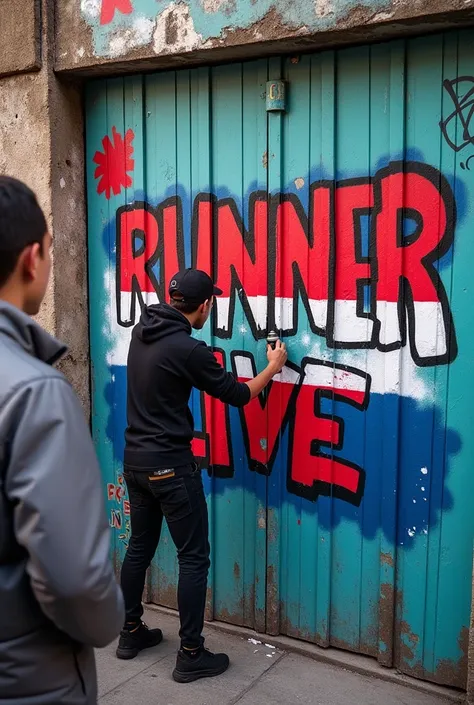  Make graffiti on a wall like a neighborhood that says  "runner live"  and a boy with an Adidas sweatshirt as if he were drawing the graffiti with spray paint and you cant see his face. ,  so that the name is more visible and the person doesnt cover it so ...